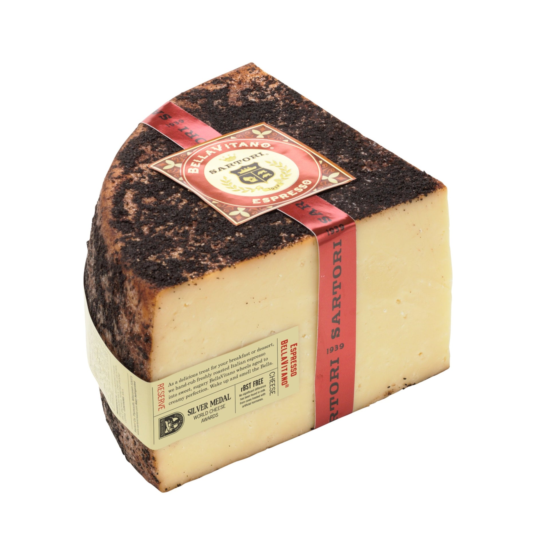 BellaVitano Espresso starts life as BellaVitano Gold, a cheese inspired by Italian farmstead traditions. Selected wheels of this cheese are then hand rubbed with ground espresso coffee. The cheese and coffee flavours blend with remarkable balance, neither dominating the other.