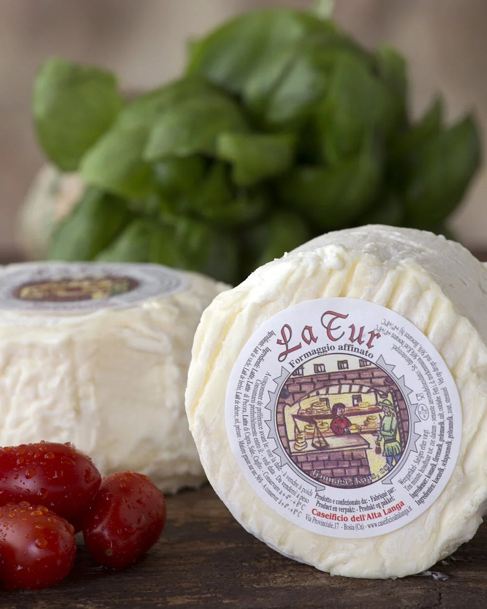 La Tur has a straw coloured interior with a dense, creamy blend of cow, goat and sheep milk. It has a wrinkled pale yellow rind which blooms with white grey moulds. It has a fresh, milky flavour with a pleasant citrus tang when young. With age it will develop an earthy and full flavour.