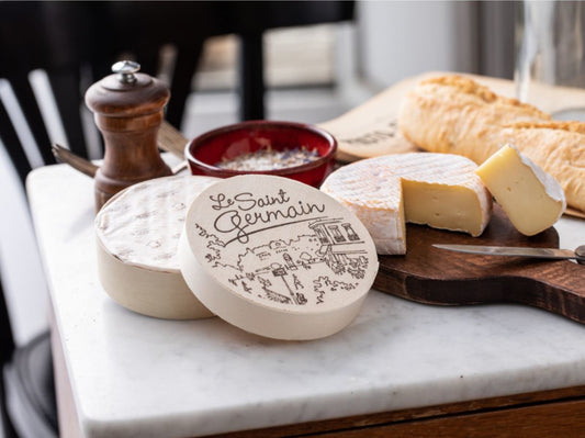 Le Saint Germain is made with quality milk from Montbéliarde cows. It is ripened for a minimum of two weeks and undergoes frequent washing and brushing in this time to develop a lightly sticky orange rind.