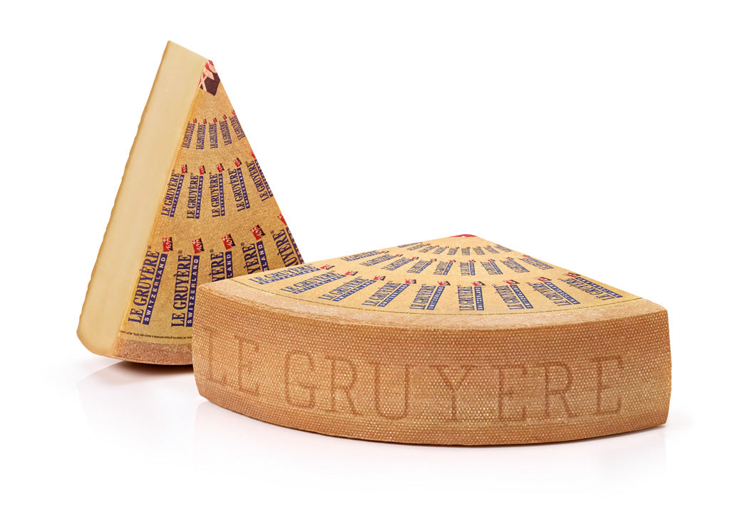 About 400 litres of milk is used to make a 35kg round of Gruyère cheese. Gruyère is a hard yellow cheese that has a distinctive but not overpowering flavour and can impart a slightly grainy texture in the mouth. It is sweet yet slightly salty and its flavour is nutty when young but develops more complex earthy notes as it ripens.