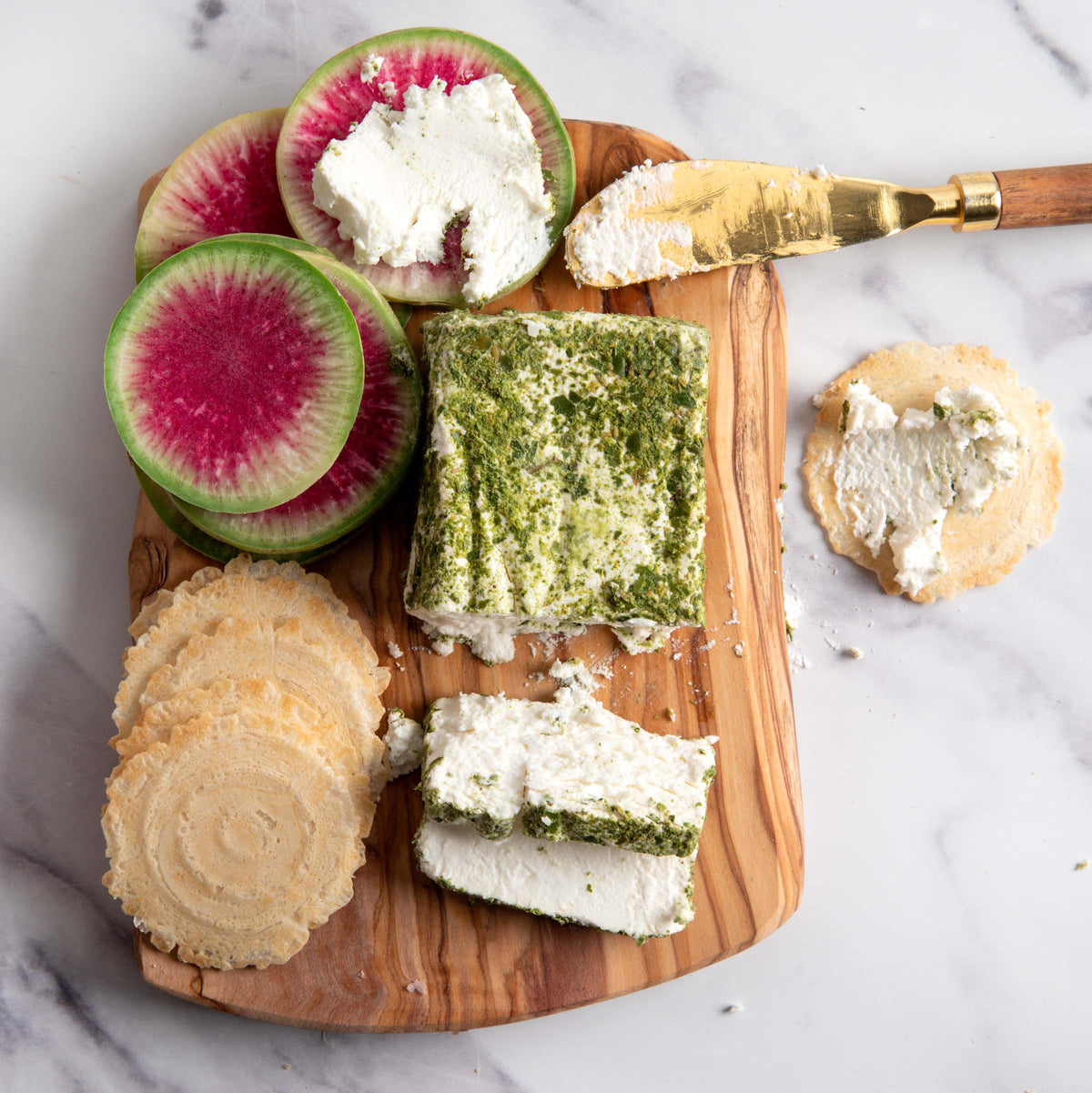 The native lemon myrtle used on this cheese is locally grown in the Adelaide Hills, South Australia. The cheese is lightly rolled in the lemon myrtle herb and allowed to rest for two to three hours before being wrapped, resulting in a cheese with a vibrant, perfumed flavour.