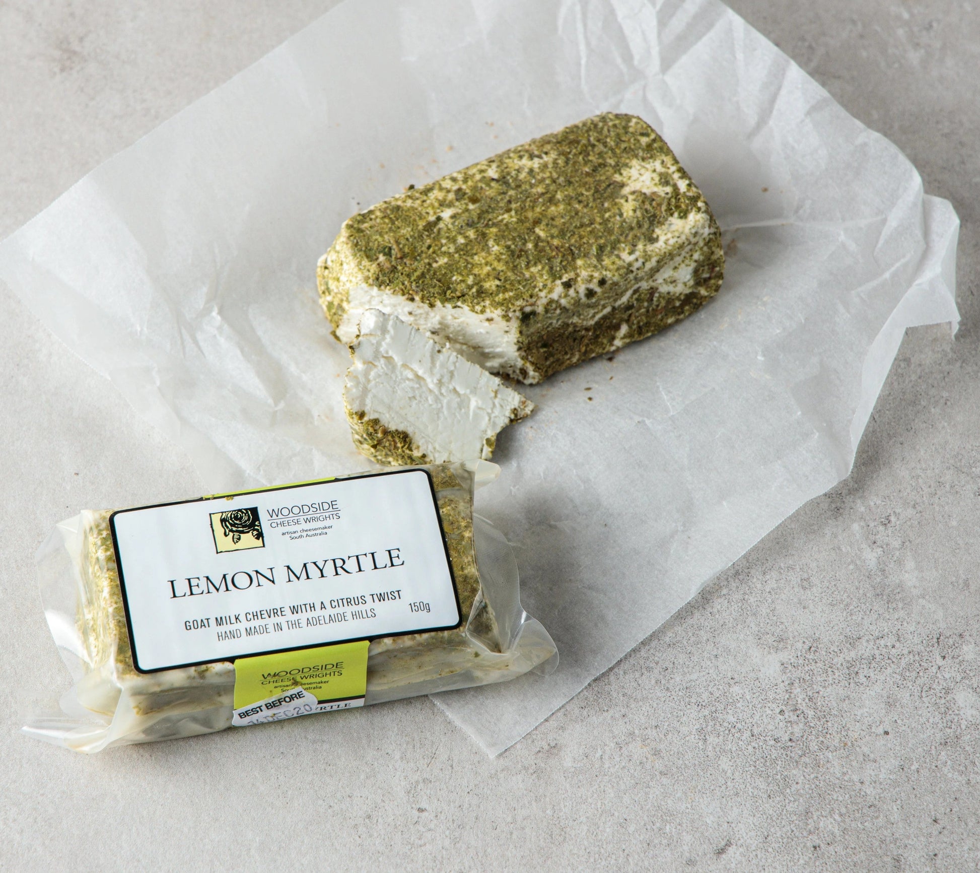 The native lemon myrtle used on this cheese is locally grown in the Adelaide Hills, South Australia. The cheese is lightly rolled in the lemon myrtle herb and allowed to rest for two to three hours before being wrapped, resulting in a cheese with a vibrant, perfumed flavour.