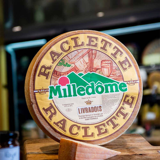 The name of this cheese is derived from the word racler, meaning ‘to scrape’, which describes the way that the cheese is traditionally prepared and eaten. The wheel of cheese is cut and heated and the melted cheese can then be scraped from the wheel with a knife. Raclette is traditionally accompanied by boiled potatoes, cured meats and pickles, flavours which match well with the cheese’s fruity, slightly mouldy aroma and full, savoury flavour.