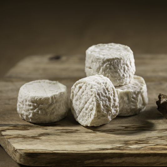 This small disc has a white rind with a pale yellow-white interior. When young, the Crottin has a fudgy texture with mild hints of salt, yeast and acidity. It is common to see blooming white and blue moulds growing over the rind as it ages.  This cheese dries out as it matures, becoming firmer and fuller in flavour making it excellent to grate or bake.