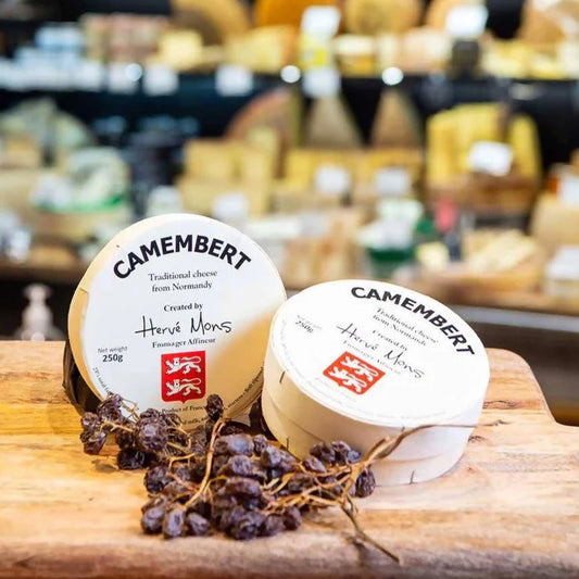 Hervé Mons Camembert is covered in a furry, fine rind which gives way to a sensational pale yellow interior. The rind has mild mushroom aromas which are well balanced with the cauliflower cream flavour of the interior.