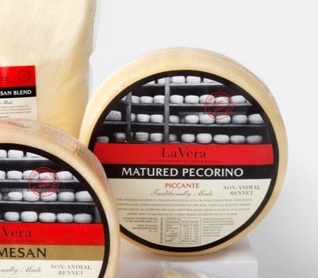 The pecorino is made in the style of traditional sheeps’ milk pecorino romano but with cows’ milk. It also uses non-animal rennet to appeal to vegetarian cheese lovers. It has a firm, slightly open texture with a bold, salty flavour.