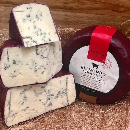 Made in the style of the well-known Adel Blue, the Belmondo is made with 100% South Australian buffalo milk from South Australia’s only buffalo herd. The texture is smooth and creamy, and the classically fruity flavour progresses into a luscious but delicate nutty finish, as is characteristic of buffalo milk cheeses.