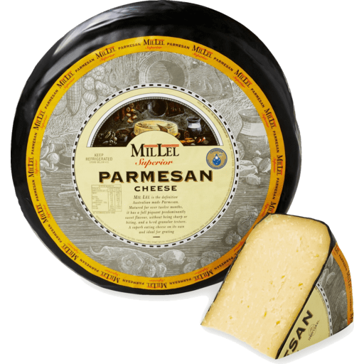 Millel Parmesan cheese is an award winning authentic Grana cheese made in Australia using the finest ingredients. The texture is hard and grainy with some moisture still remaining due to its waxed coating. The flavour is strong and adds good cheese flavour to many favourite recipes.