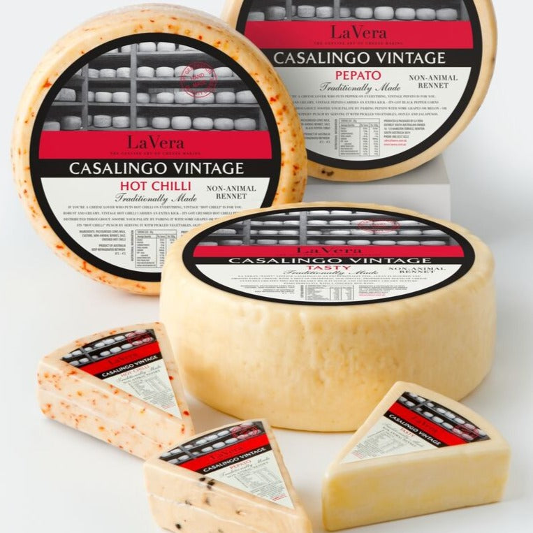 The Casalingo vintage is handmade and exhibits a full bodied flavour that lingers with complex after tones. The interior is moist, yet slightly crumbly with a creamy mouth-feel. They refer to this cheese as his version of tasty cheddar.