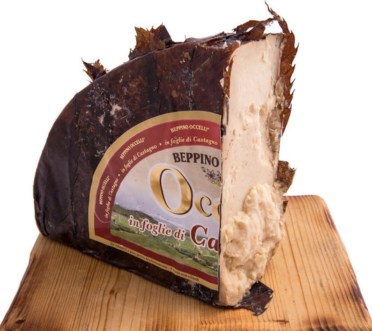 Produced from a blend of 50% goat and 50% cow’s milk. This cheese is left to age for about a year and a half. The wheels are then wrapped in chestnut leaves for the final ripening which permeates to the paste enhancing a strong and exceptional flavour.